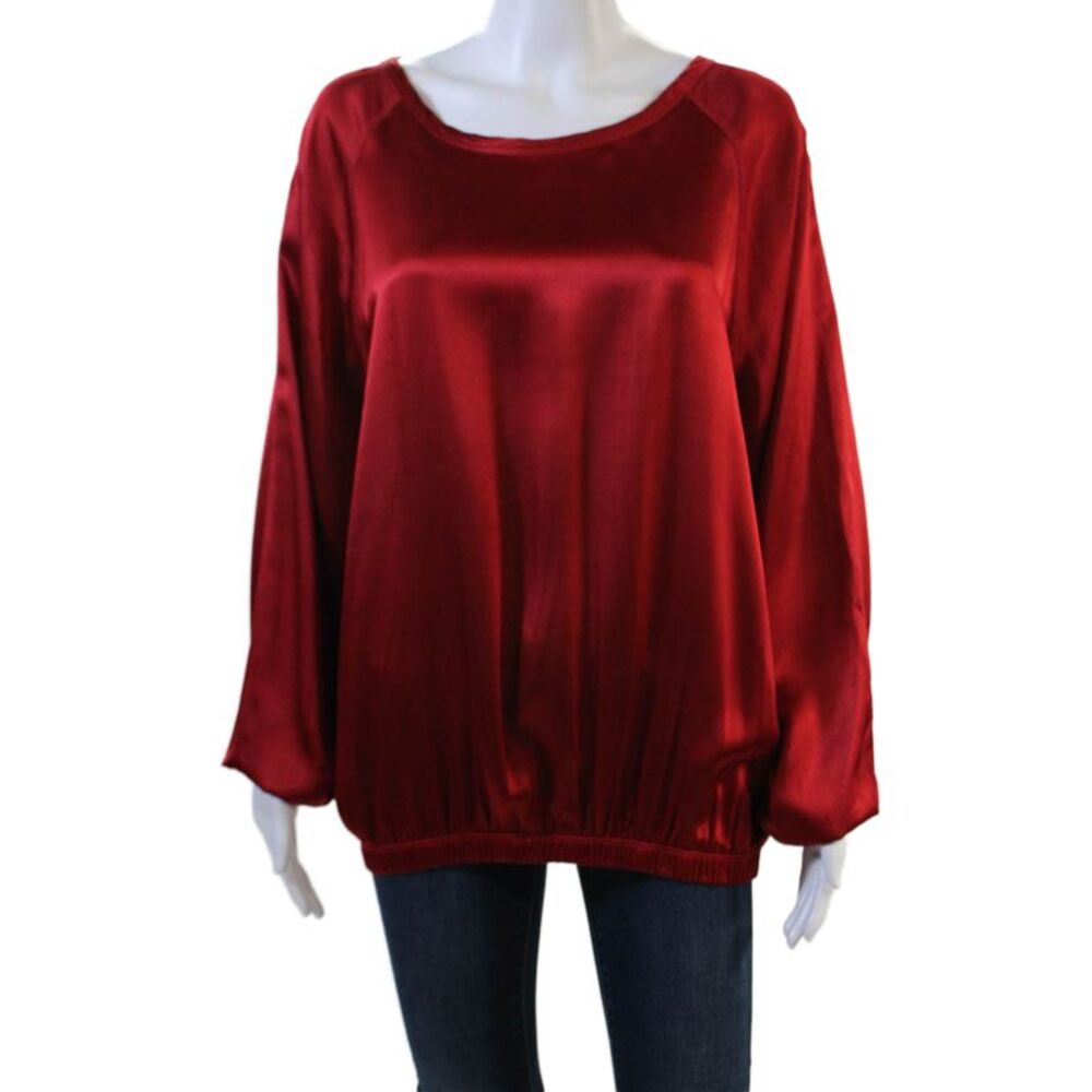 Aquarius Cocktail Womens Red Satin Blouse Long Sleeve Round Neck Size 2